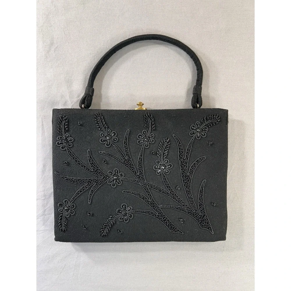 Vintage Soure black felt wool beaded purse 1940's Art Deco‎ Art Nouveau Classic